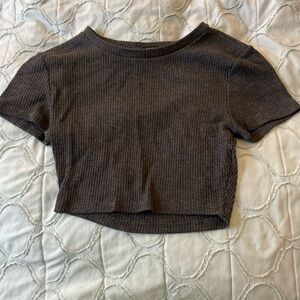 Gray Ribbed Crop Top with Short Sleeves